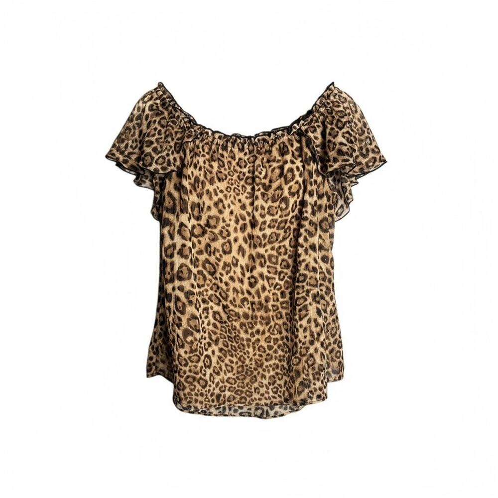 White House Black Market Leopard Metallic Flutter Sleeve Blouse Small
